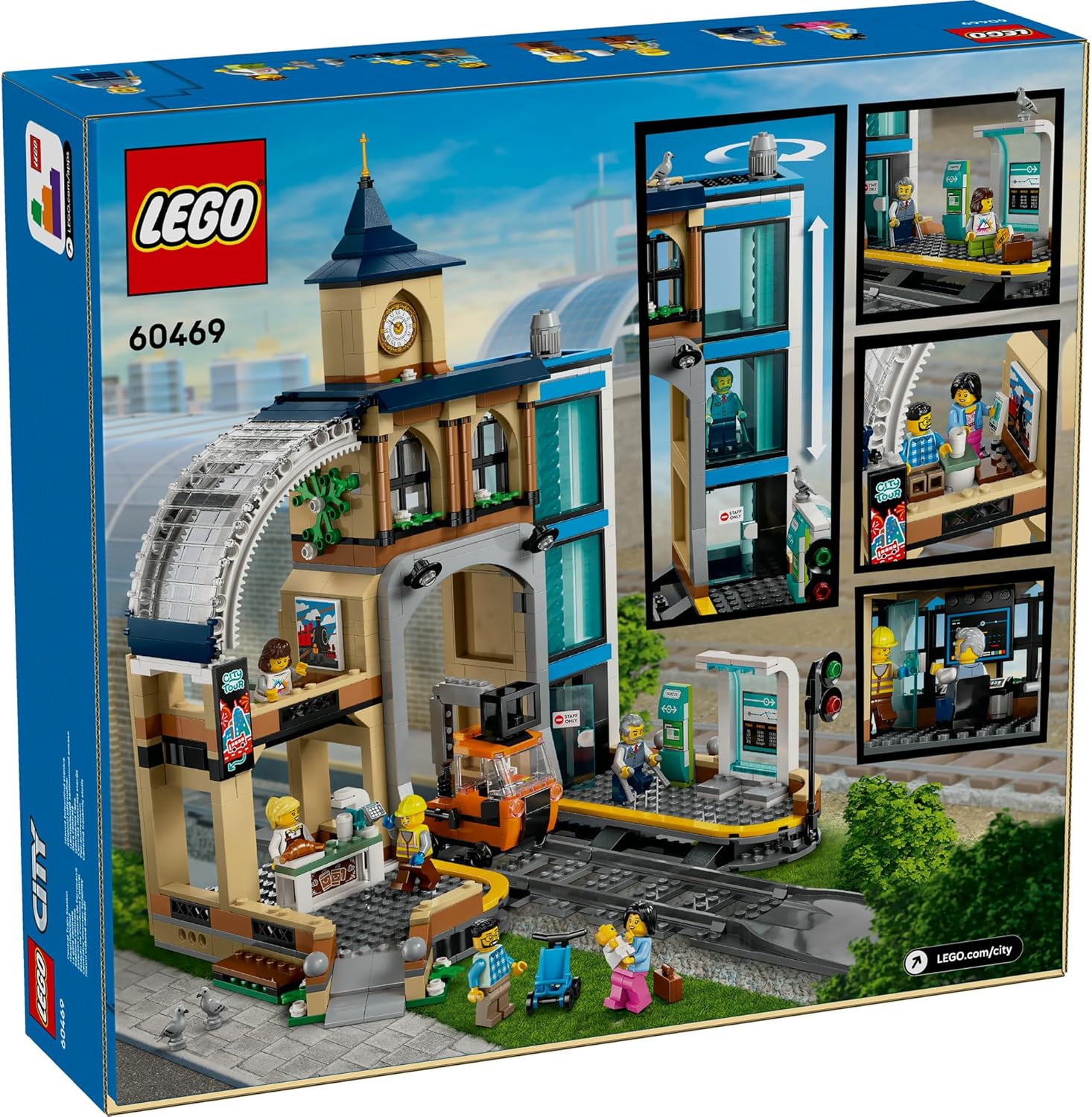 LEGO® City Central Train Station 60469 includes a Railcar with a Cherry Picker and 6 Minifigures